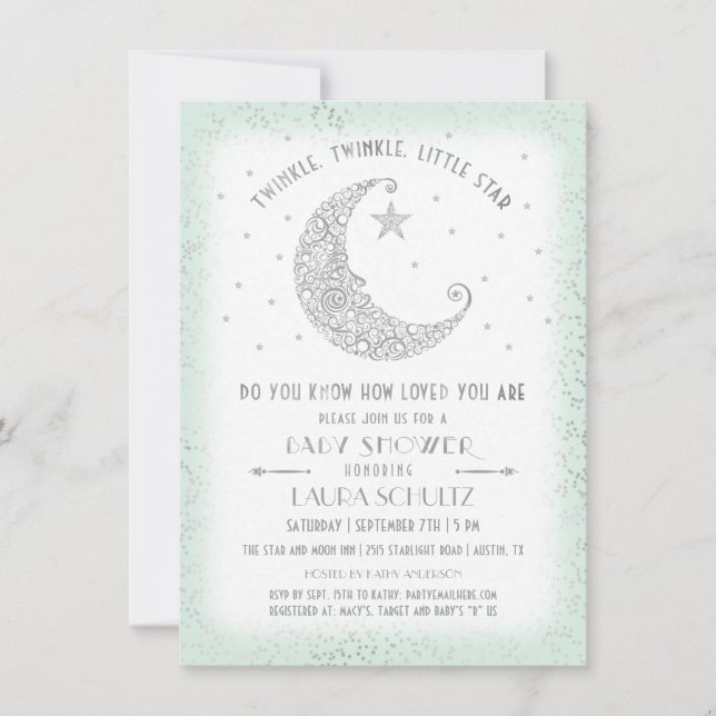 Mint Silver Twinkle Little Star Baby Shower Invitation (Front)