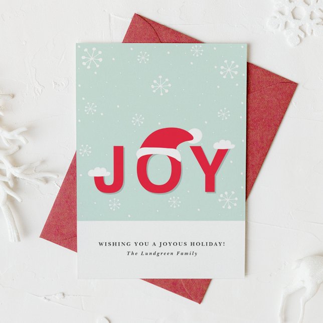 Mint Snow Joy Holiday Flat Card (This holiday card design showcases the word “JOY” in lettering, playfully topped with a Santa hat.)