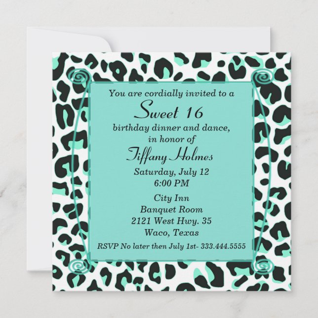 Mint Snow Leopard Sweet 16 Birthday Invitation (Front)
