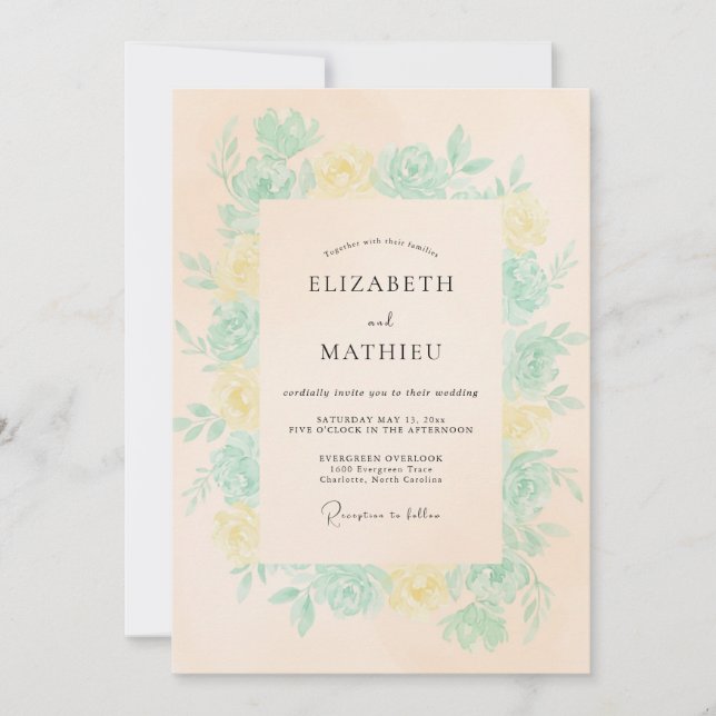 Mint Soft Peach Blossom Wedding Invitation (Front)