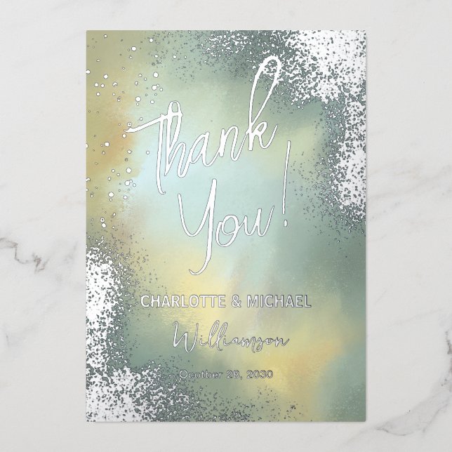 Mint Sparkle Photo Overlay Wedding Thank You (Front)