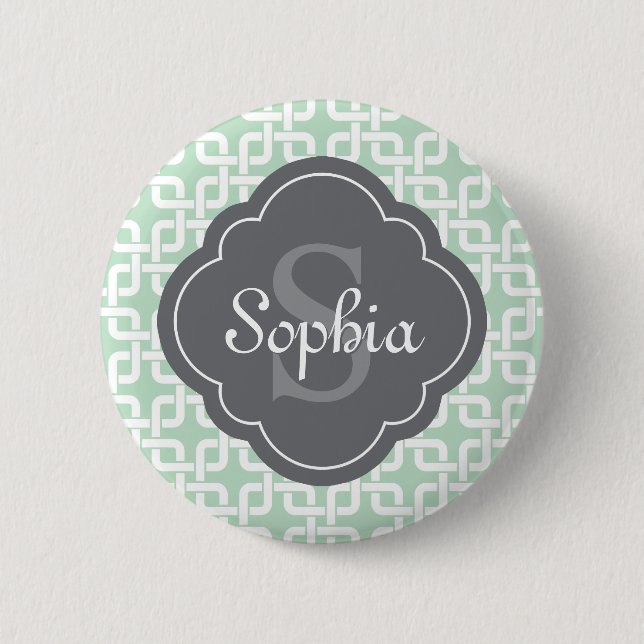 Mint Square Chain Pattern Grey Monogram 6 Cm Round Badge (Front)