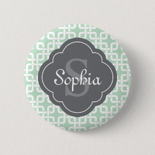 Mint Square Chain Pattern Grey Monogram 6 Cm Round Badge