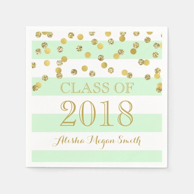 Mint Stripe Gold Confetti Class of 2018 Graduation Napkin (Front)