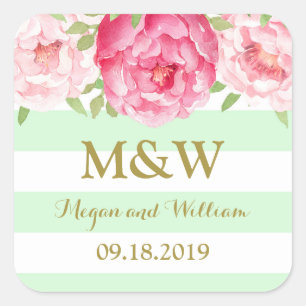 Mint Stripe Pink Floral Monogram Wedding Favour Ta Square Sticker