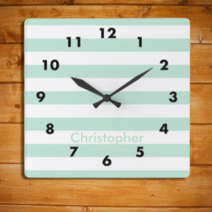 Mint stripe square wall clock