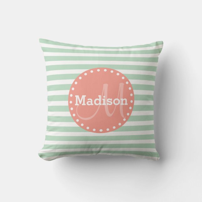 Mint Stripes Coral Monogram Cushion (Front)