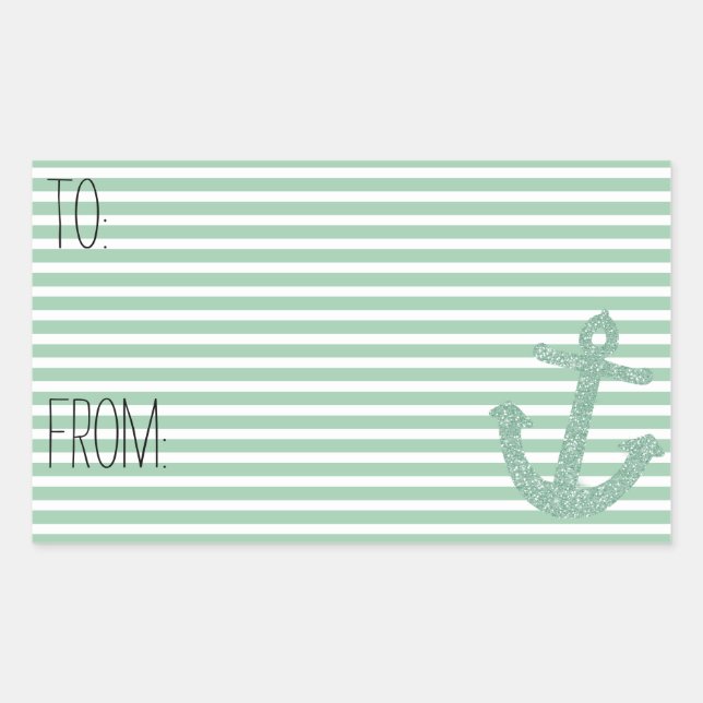 Mint Stripes Faux Glitter Anchor Gift Tag (Front)