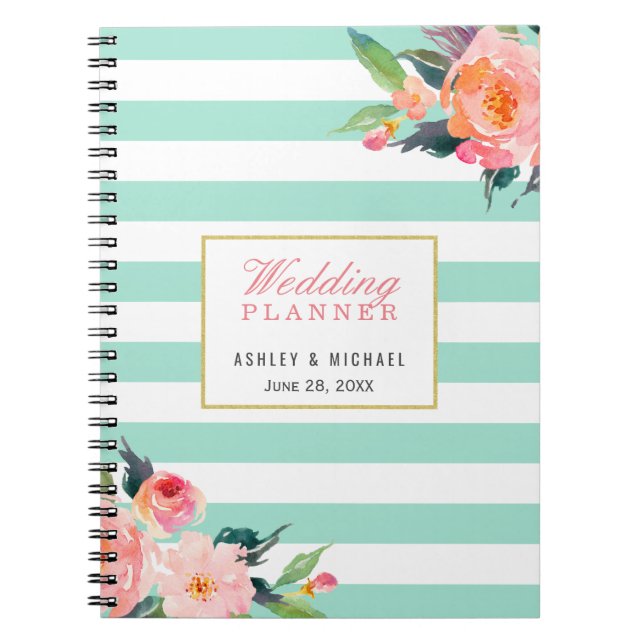 Mint Stripes Floral Wedding Planner Guestbook Notebook (Front)
