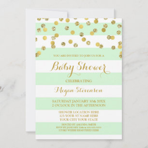 Mint Stripes Gold Confetti Baby Shower Invitation