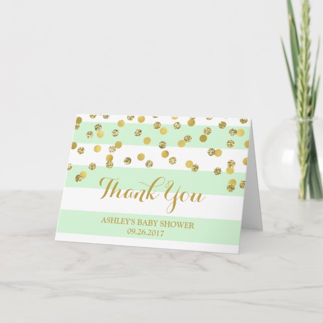 Mint Stripes Gold Confetti Baby Shower Thank You (Front)