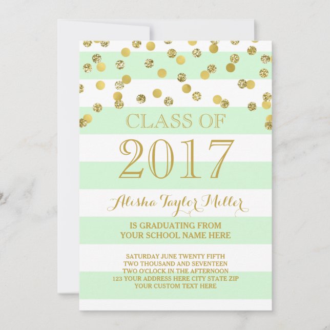Mint Stripes Gold Confetti Photo 2017 Graduation Invitation (Front)