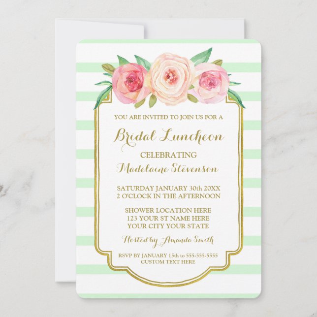 Mint Stripes Gold Pink Floral Bridal Lunch Invitation (Back)