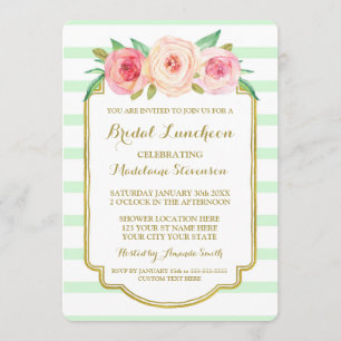 Mint Stripes Gold Pink Floral Bridal Lunch Invitation