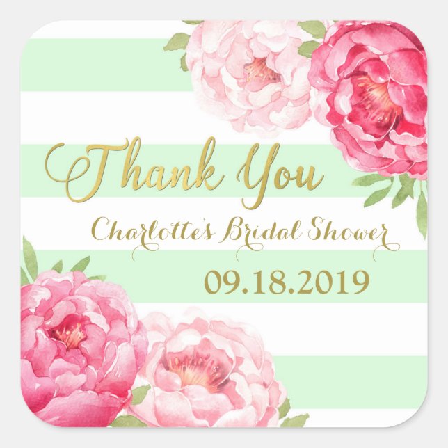 Mint Stripes Gold Pink Floral Bridal Shower Square Sticker (Front)