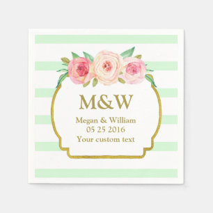 Mint Stripes Gold Pink Floral Wedding Napkins