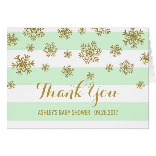 Mint Stripes Gold Snowflakes Baby Shower Thank You Card