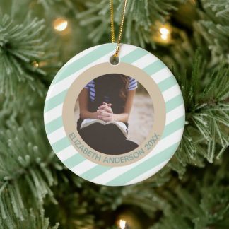Mint Stripes Happy Holidays Ceramic Ornament