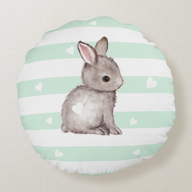 Mint stripes heart grey bunny pillow (Back)