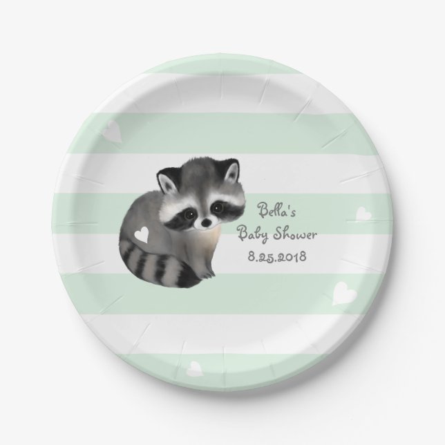 Mint Stripes Heart Racoon Party Paper Plate (Front)