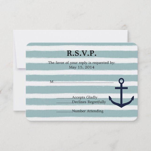 Mint Stripes Nautical Anchor Beach Wedding RSVP (Front)