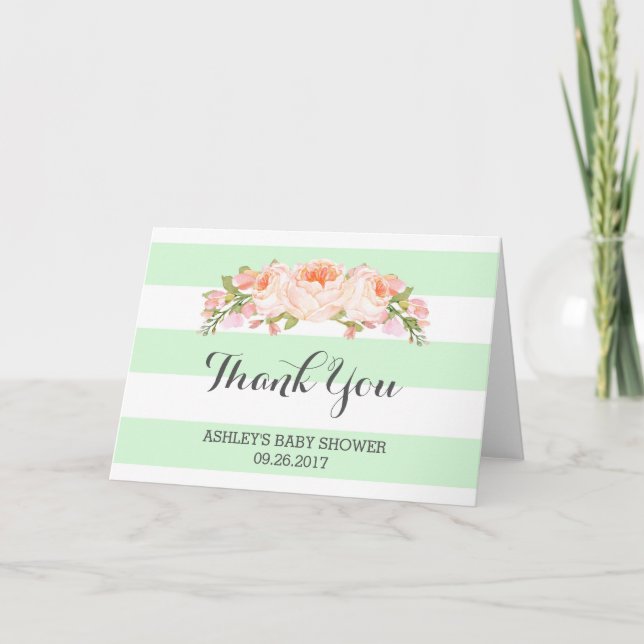Mint Stripes Pink Flowers Baby Shower Thank You Card (Front)
