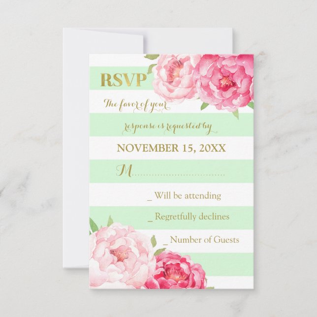 Mint Stripes Pink Flowers Gold Wedding RSVP (Front)