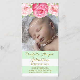 Mint Stripes Pink Flowers Thank You Baby Shower