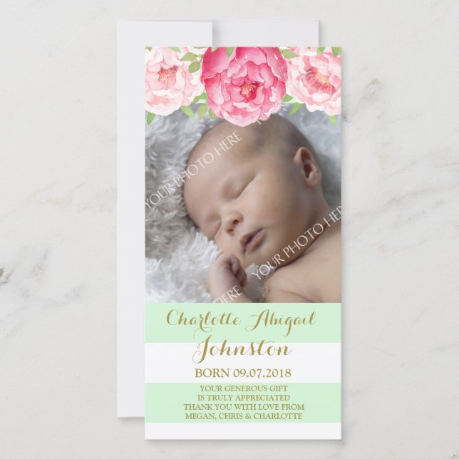 Mint Stripes Pink Flowers Thank You Baby Shower (Front)