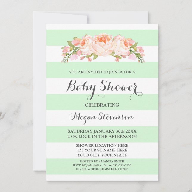 Mint Stripes Watercolor Floral Baby Shower Invitation (Back)