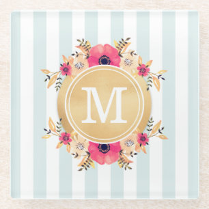 Mint Stripes Watercolor Flowers Faux Gold Monogram Glass Coaster