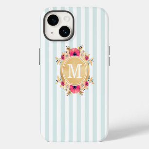 Mint Stripes Watercolor Flowers Faux Gold Monogram iPhone 14 Case