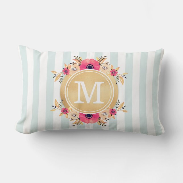 Mint Stripes Watercolor Flowers Faux Gold Monogram Lumbar Cushion (Front)