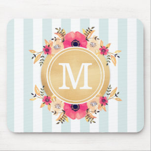 Mint Stripes Watercolor Flowers Faux Gold Monogram Mouse Pad
