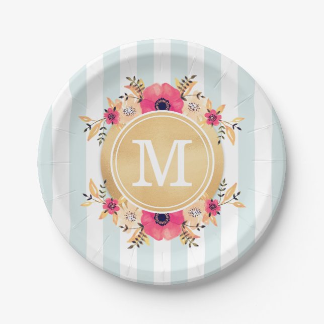 Mint Stripes Watercolor Flowers Faux Gold Monogram Paper Plate (Front)