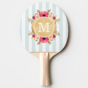 Mint Stripes Watercolor Flowers Faux Gold Monogram Ping Pong Paddle