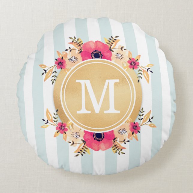 Mint Stripes Watercolor Flowers Faux Gold Monogram Round Cushion (Front)