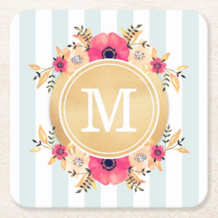 Mint Stripes Watercolor Flowers Faux Gold Monogram Square Paper Coaster