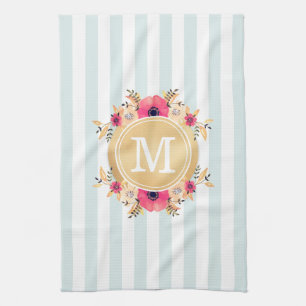 Mint Stripes Watercolor Flowers Faux Gold Monogram Tea Towel