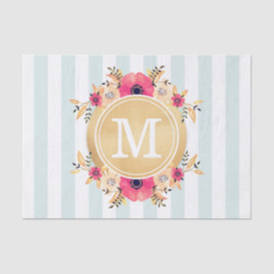 Mint Stripes Watercolor Flowers Faux Gold Monogram Tissue Paper
