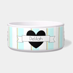 Mint Stripes with Black Heart Dog Food Bowl HAMbWG