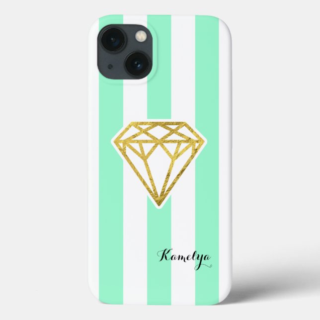 Mint Stripes with Gold Foil Diamond Case-Mate iPhone Case (Back)