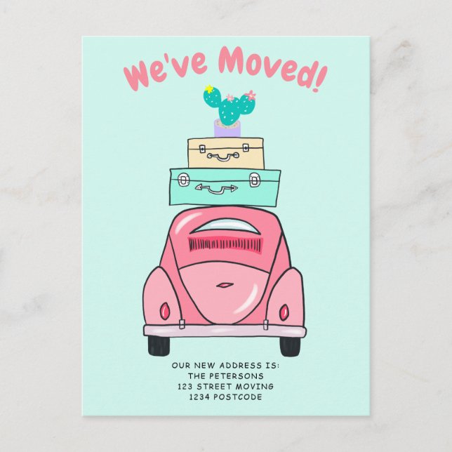 Mint suitcase car illustration moving announcement (Front)