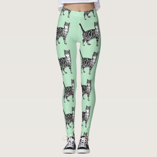 Mint Tabby Cat Animal Black and White Leggings (Front)
