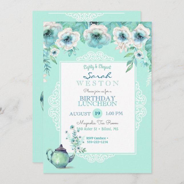Mint Tea Teapot Watercolor Flowers Invitation (Front/Back)