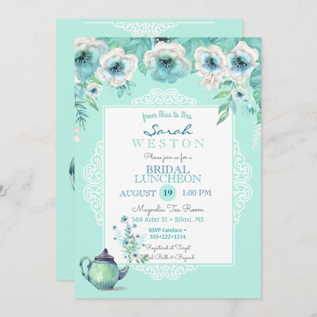 Mint Tea Teapot Watercolor Flowers Invitation (Front/Back)
