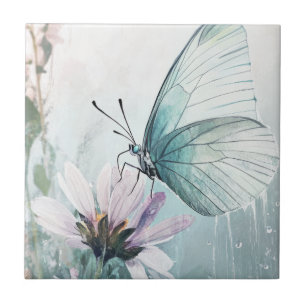 Mint Teal Butterfly Soft Pastel Floral Ceramic Tile
