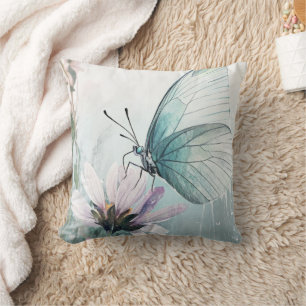 Mint Teal Butterfly Soft Pastel Floral Cushion