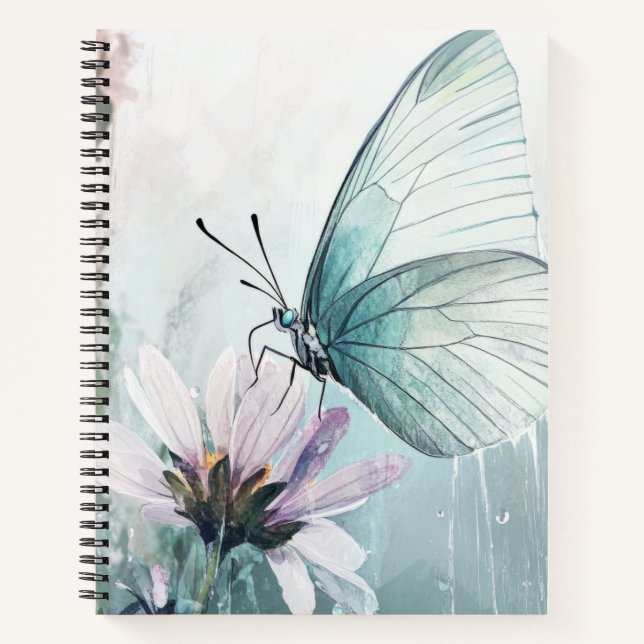 Mint Teal Butterfly Soft Pastel Floral Notebook (Front)