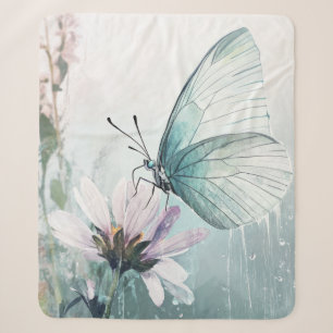 Mint Teal Butterfly Soft Pastel Floral Sherpa Blanket